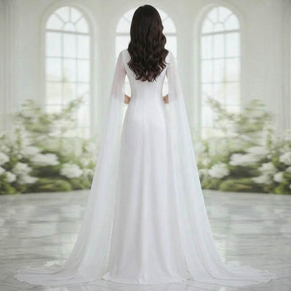 Flowing Cape Blue Floral White Stage Dress