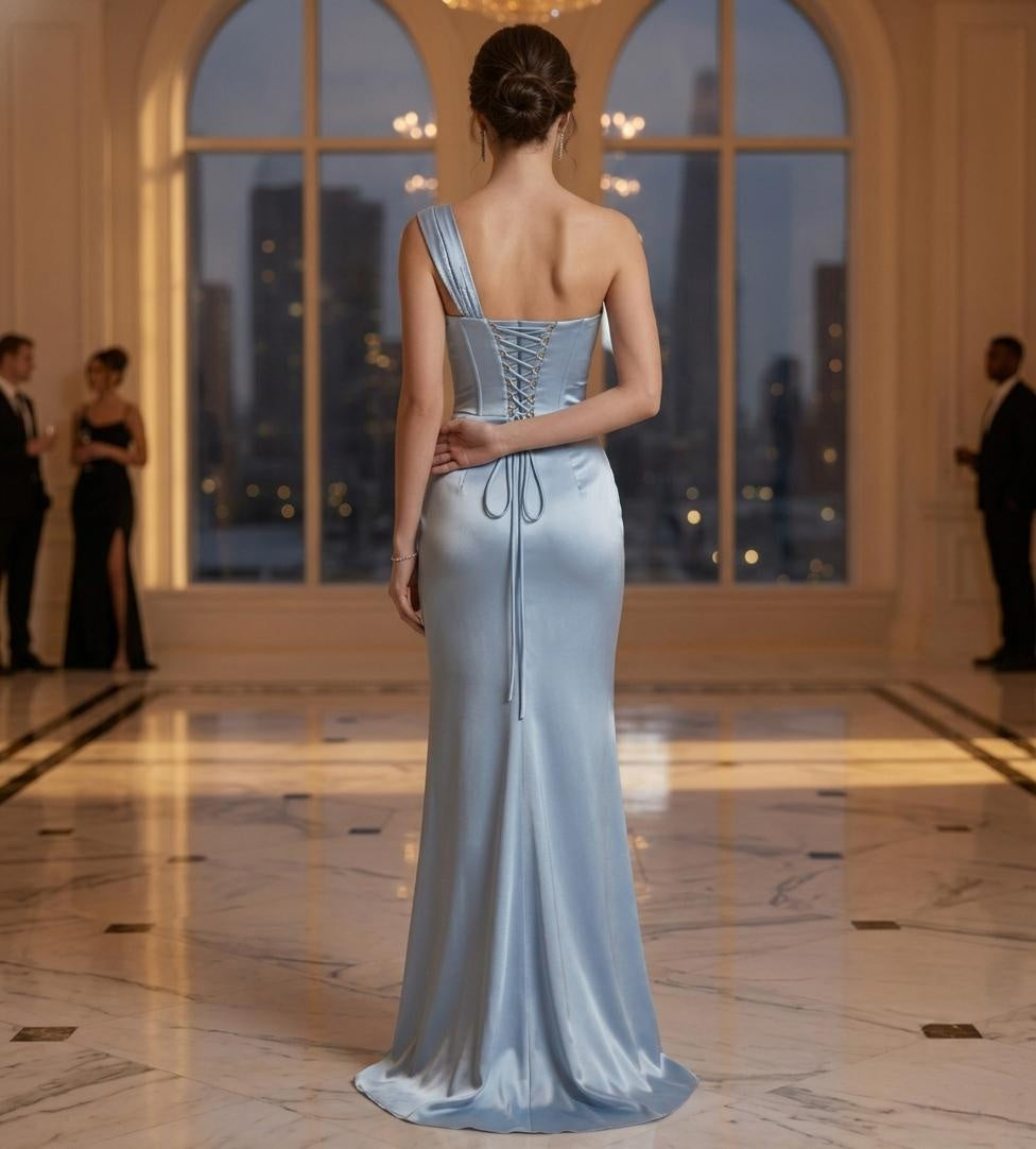 Elegant French-Style Asymmetric Satin Gown