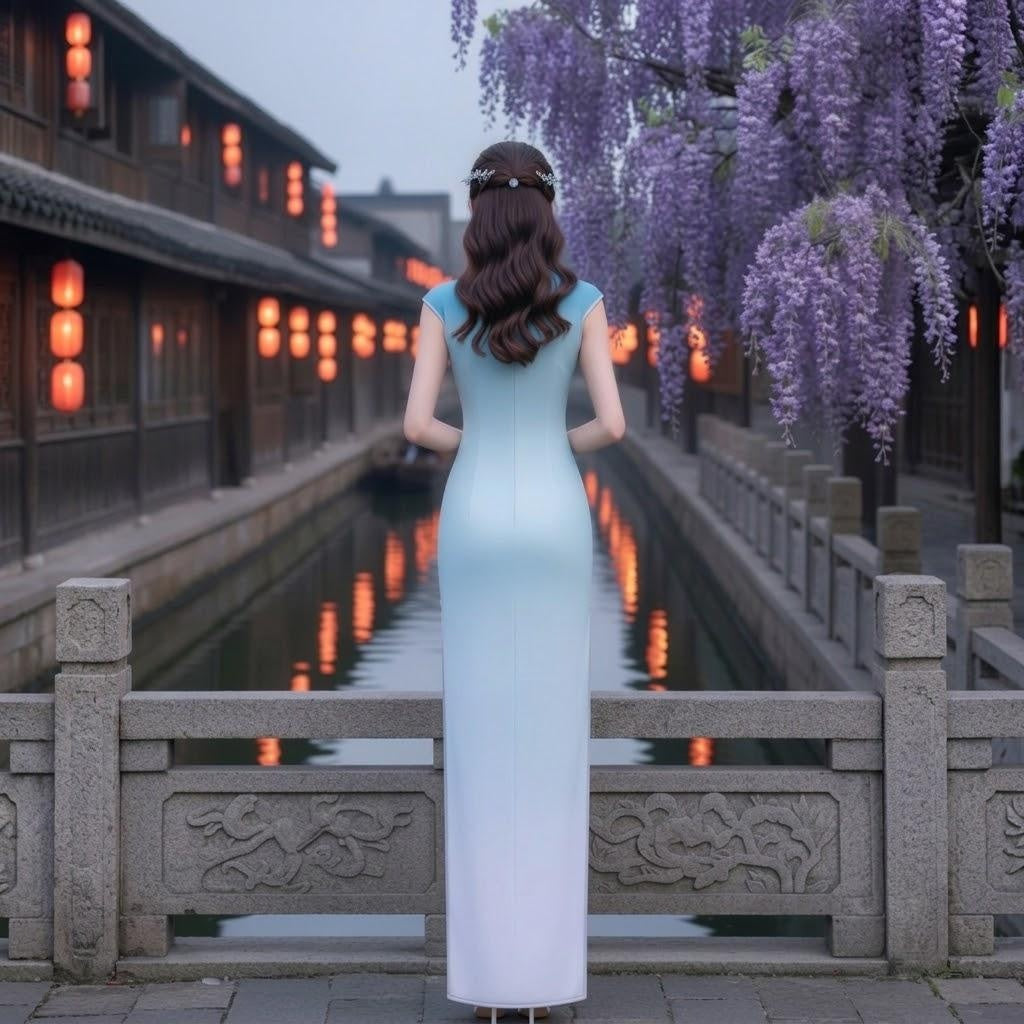 Landscape Print Ombre Mandarin Cheongsam