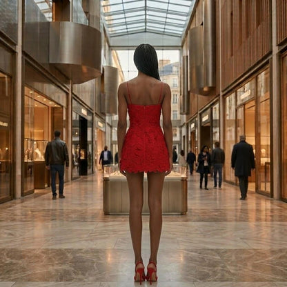 Featured 3D Floral Lace Red Spaghetti Mini Dress