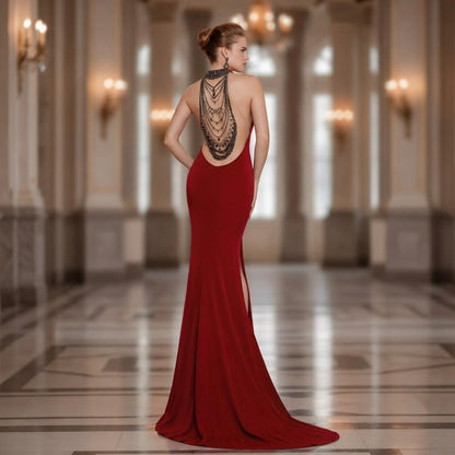 Crystal Chain Backless Mermaid Prom Gown