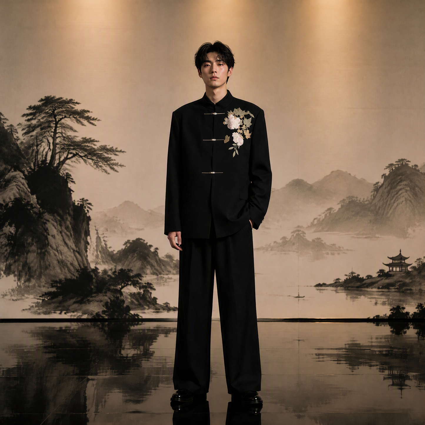 Minimalist Black Mandarin Collar Jacket with Elegant White Tree Peony/Magnolia Embroidery