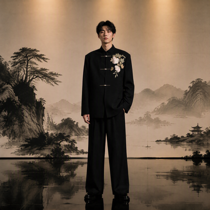 Minimalist Black Mandarin Collar Jacket with Elegant White Tree Peony/Magnolia Embroidery