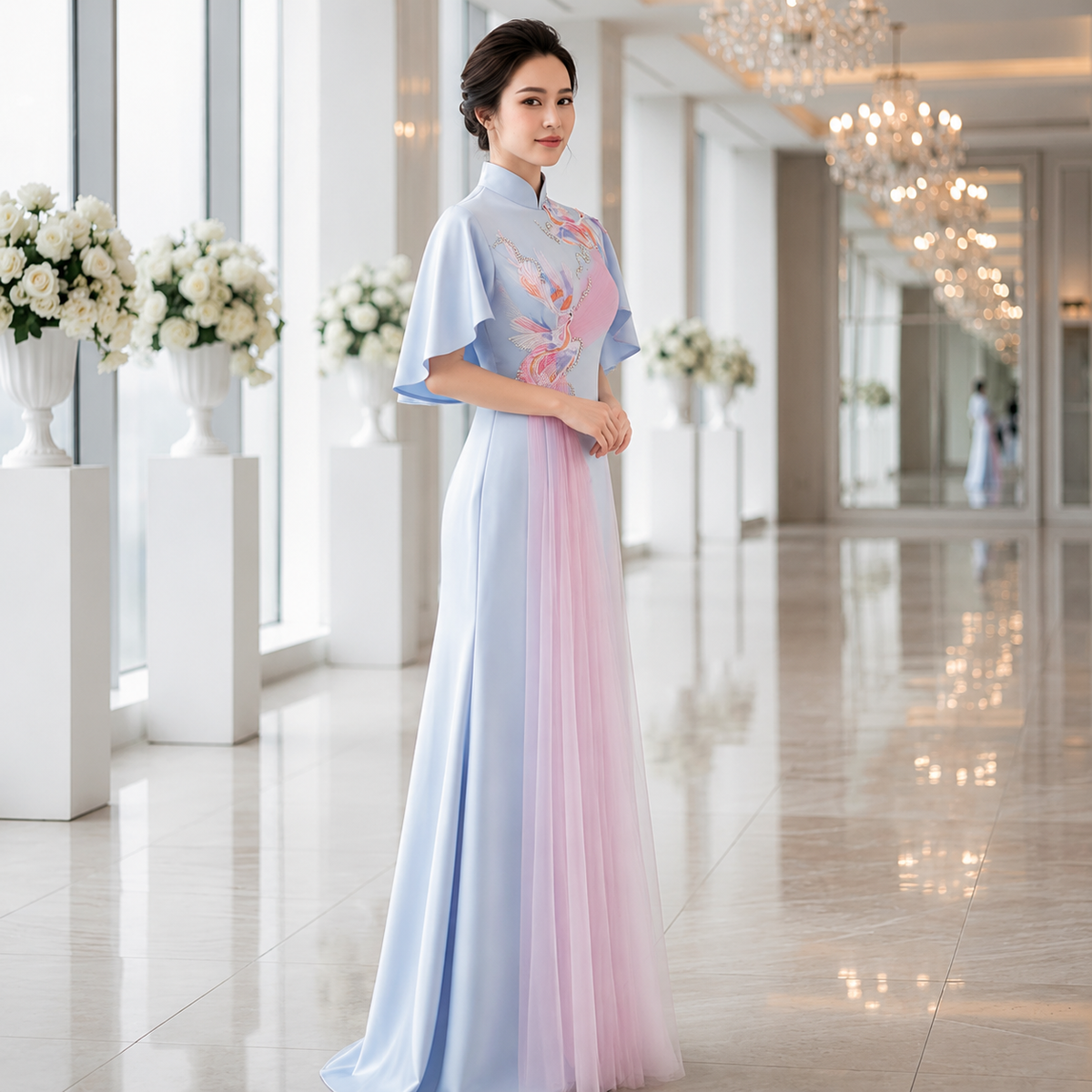 Celestial Mesh Draped Mandarin Stage Dress