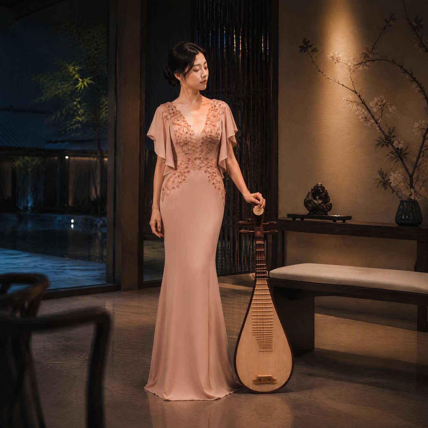 Rose Pink V-Neck Mermaid Evening Gown with Ruffle Sleeves and Beaded Lace