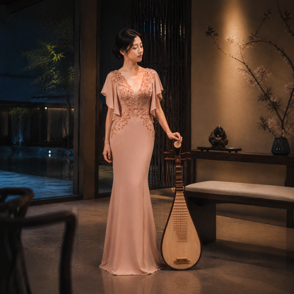 Rose Pink V-Neck Mermaid Evening Gown with Ruffle Sleeves and Beaded Lace