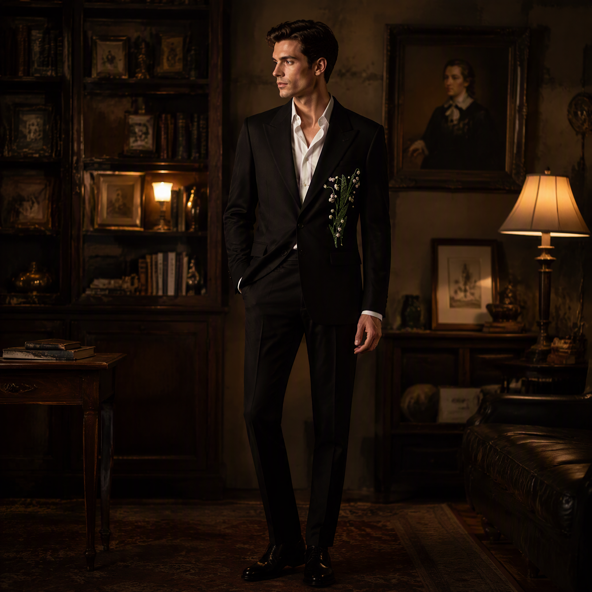 Black Suit Jacket with Exquisite Hand-Beaded Lily of the Valley Embroidery