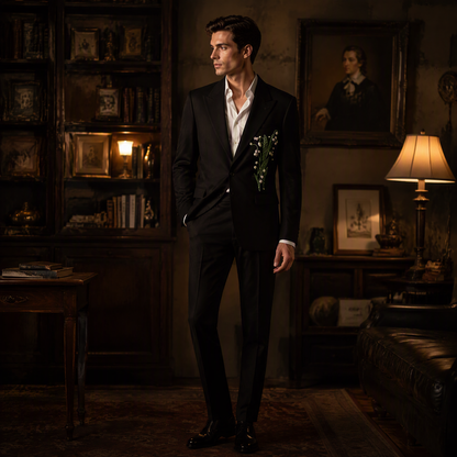 Black Suit Jacket with Exquisite Hand-Beaded Lily of the Valley Embroidery