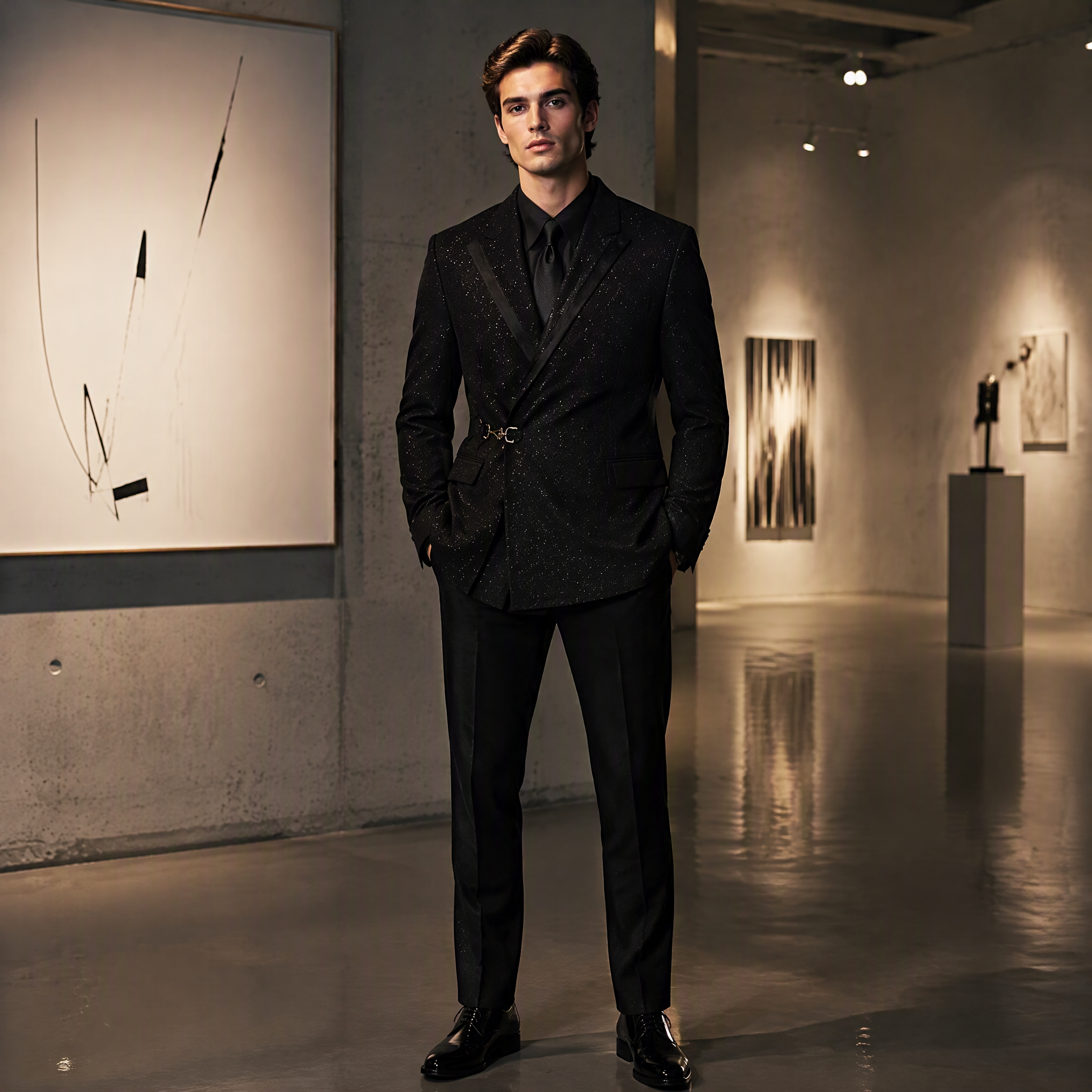 Avant-Garde Asymmetric Black Tuxedo Jacket with Subtle Shimmer and Metal Buckle Accent