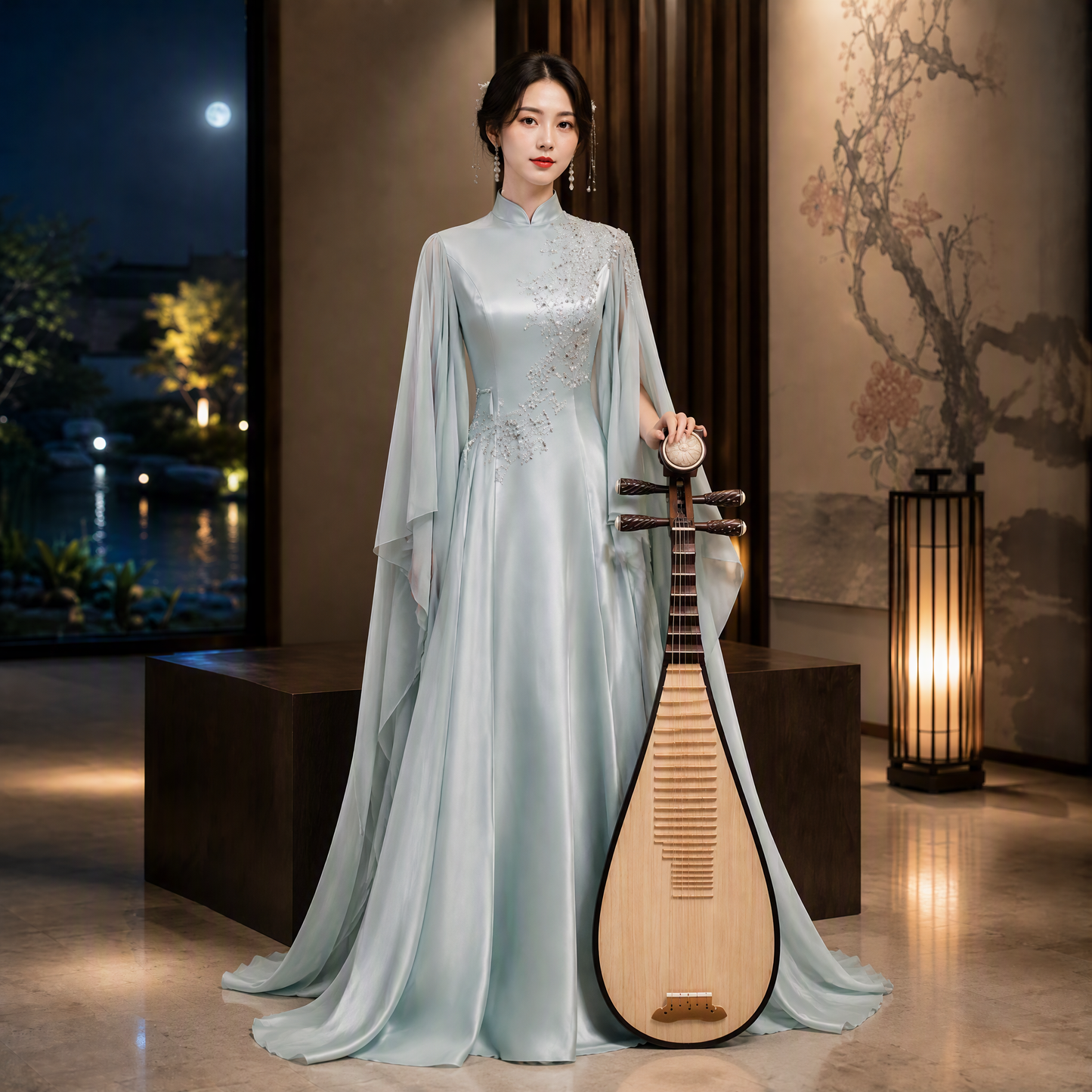 Sage Green Mandarin Collar Beaded Embroidered Long Evening Gown with Cape