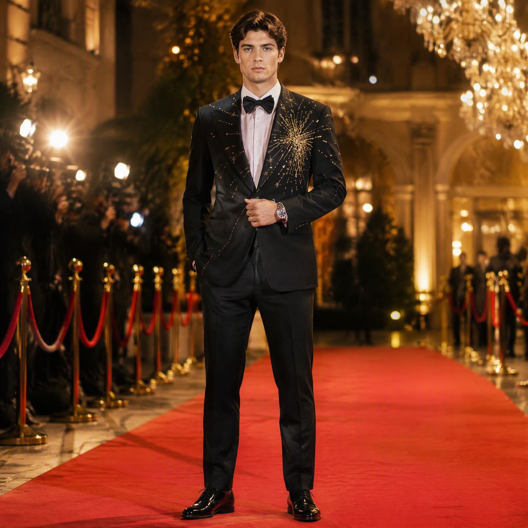 Black Peak Lapel Tuxedo Blazer with Handcrafted Gold Fireworks Beaded Embroidery
