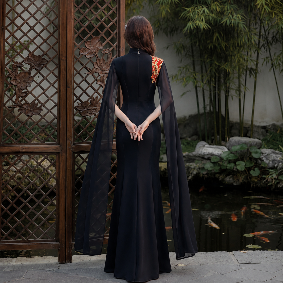 Phoenix Embroidered Cape Black Stage Gown