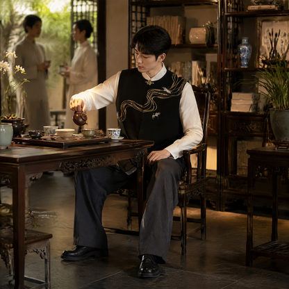 Neo-Chinese Heavy Embroidery Mandarin Collar Vest with Gold Cloud and Crane Motifs