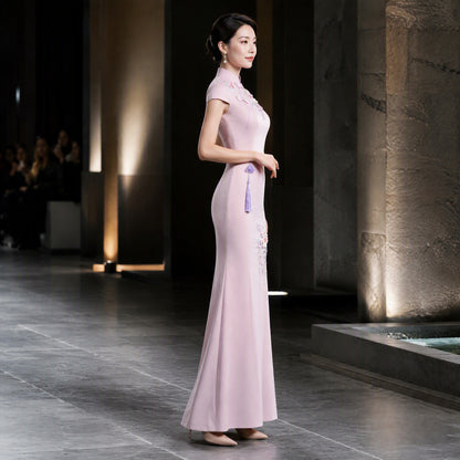 Blush Pink Mermaid Cheongsam with Floral Embroidery and Tassel Detail