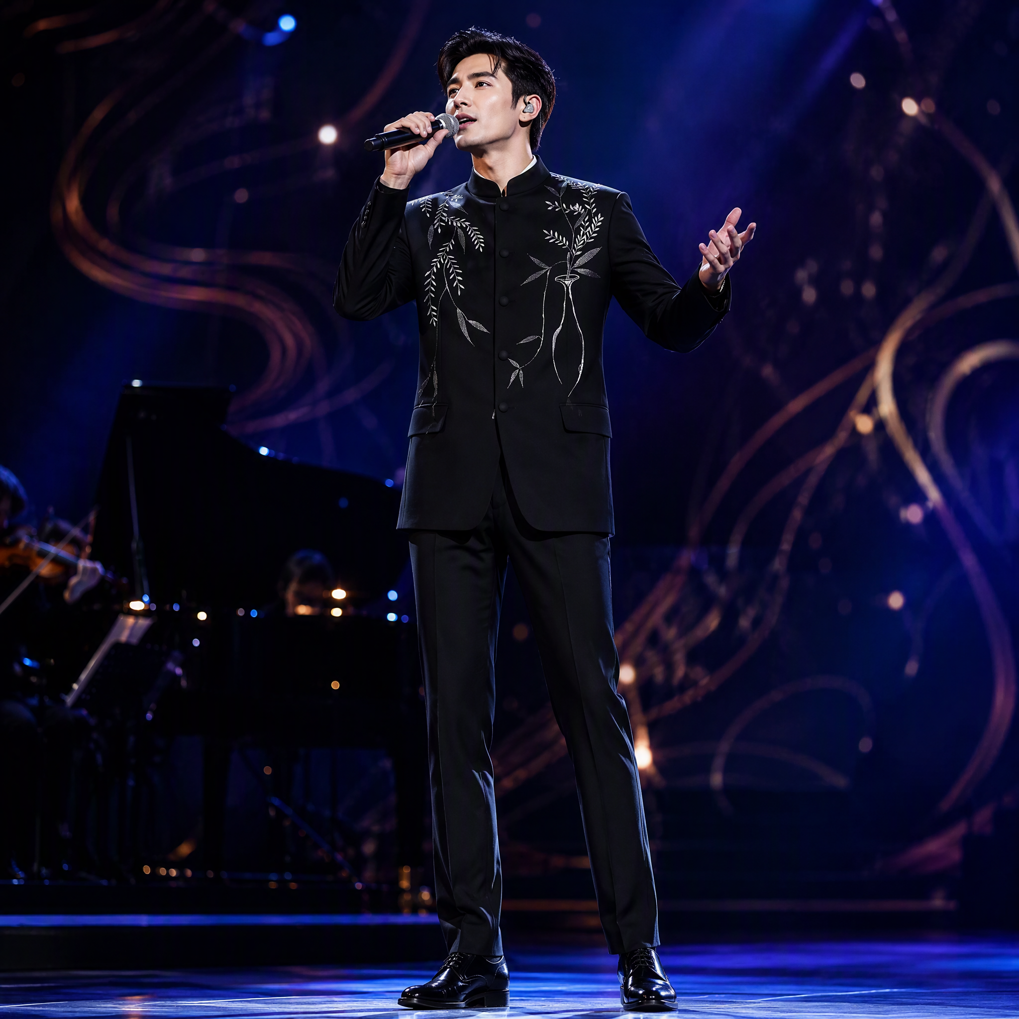Black Mandarin Collar Suit Jacket with Exquisite Silver Botanical Embroidery
