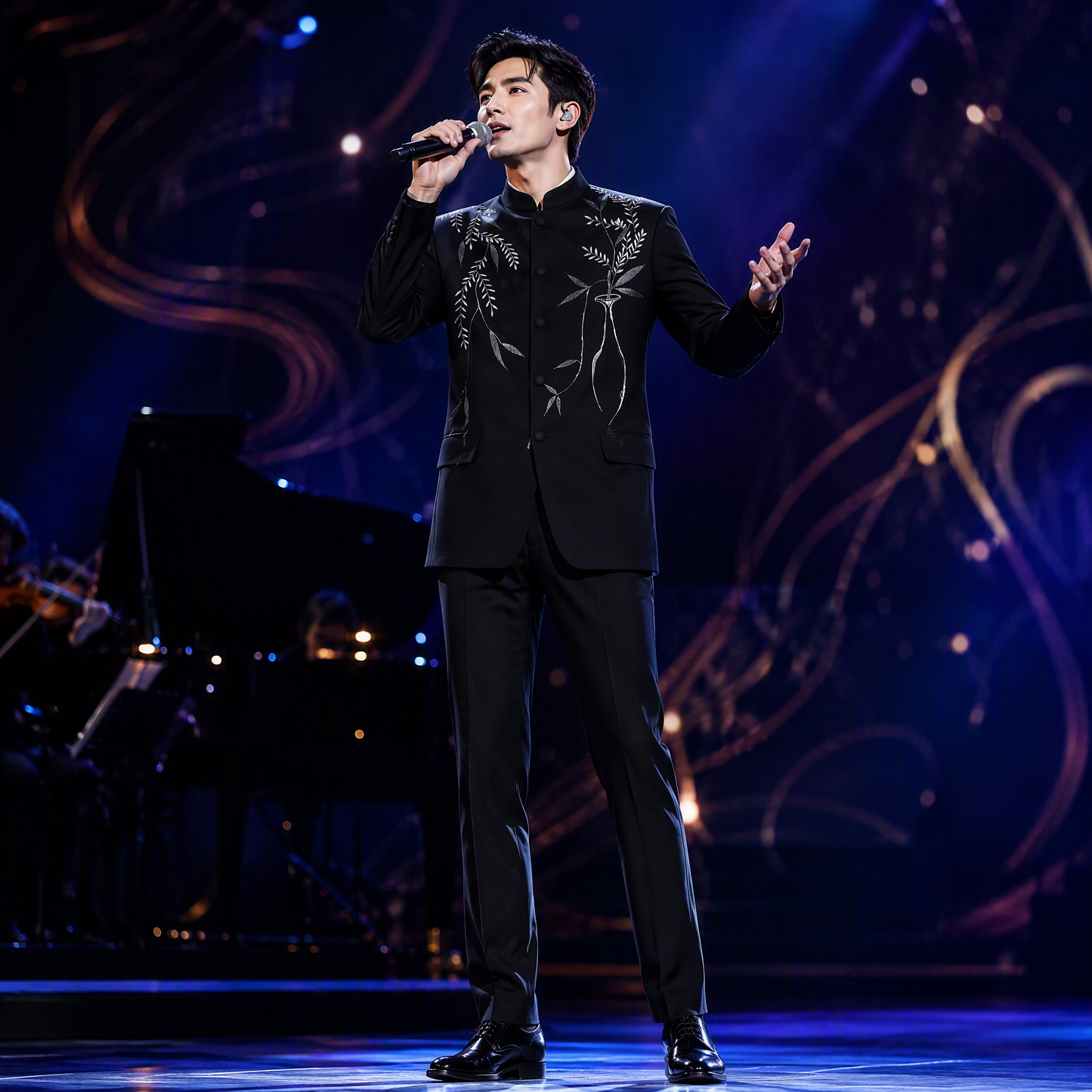 Black Mandarin Collar Suit Jacket with Exquisite Silver Botanical Embroidery