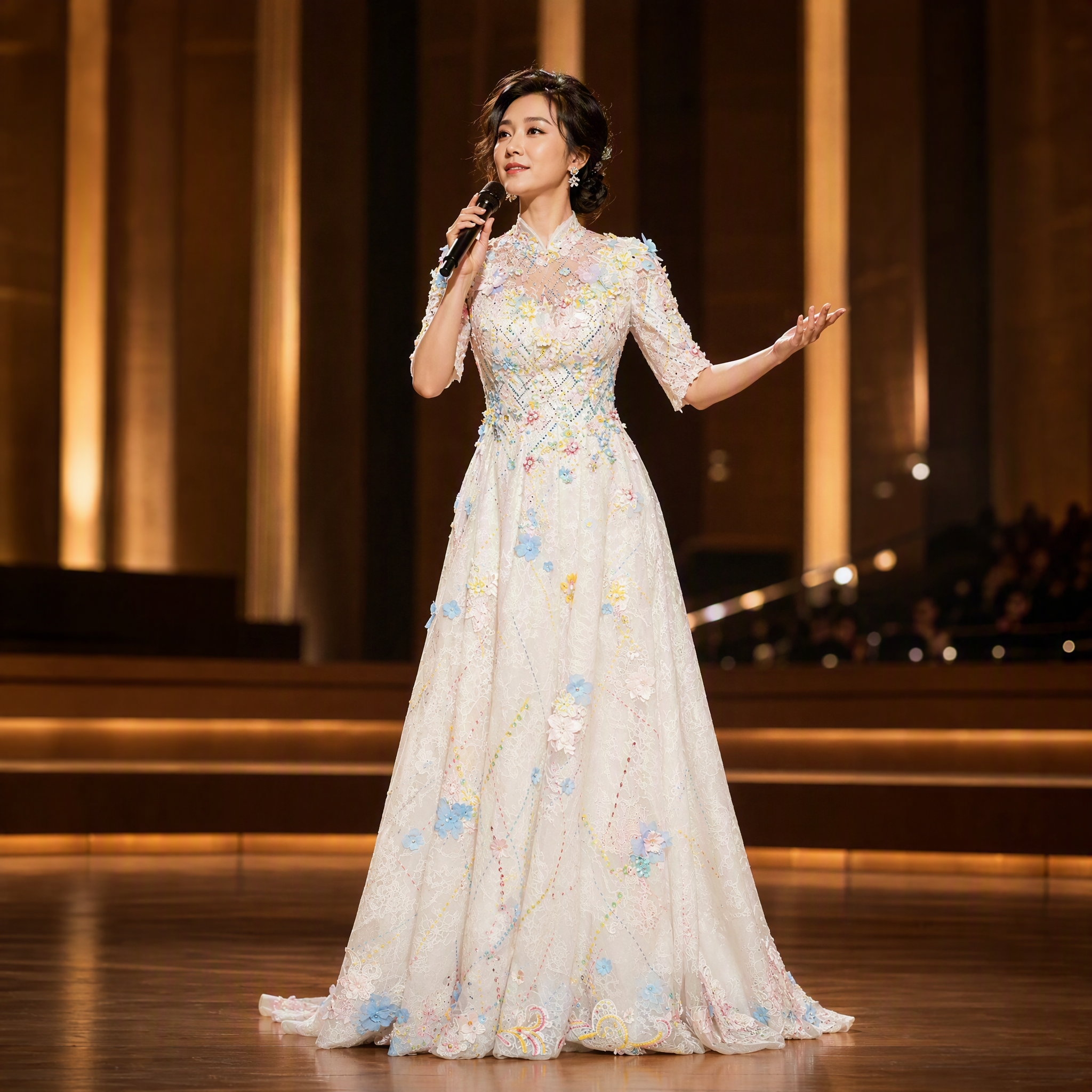 Enchanting Ivory Floral Appliqué A-Line Gown with Mandarin Collar