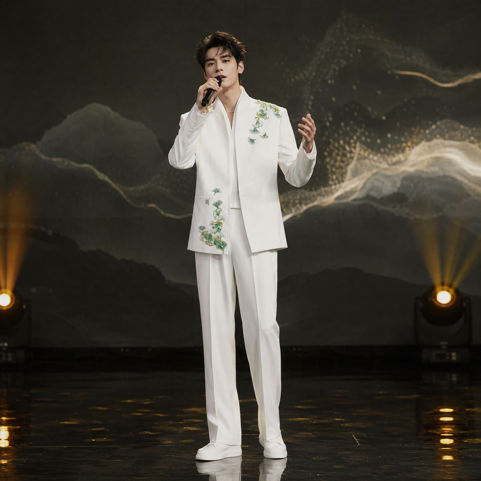 Elegant White Suit with Green and Yellow Gingko Leaf Beaded Embroidery