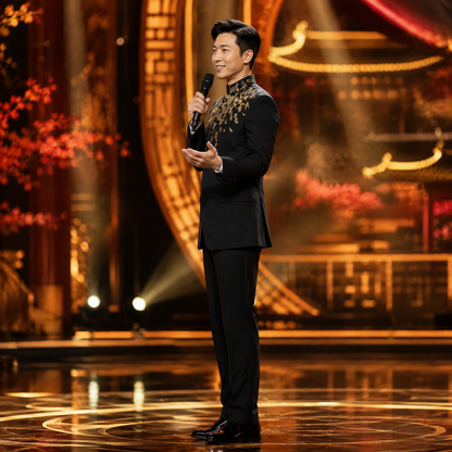 Exquisite Black Mandarin Collar Suit with Gold Botanical Embroidery