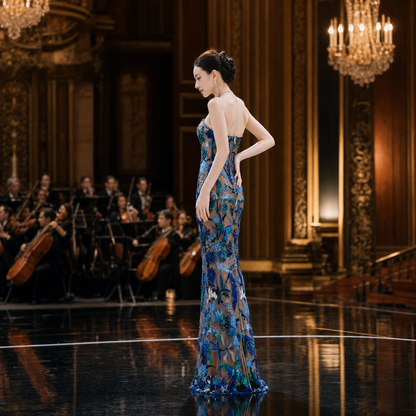 Exquisite Blue Floral Sequin Strapless Mermaid Long Evening Gown