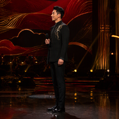 Black Mandarin Collar Suit Jacket with Refined Orchid Embroidery and Beadwork