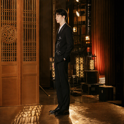 Black Tuxedo Suit with Delicate White Bamboo Embroidery and Satin Shawl Lapel