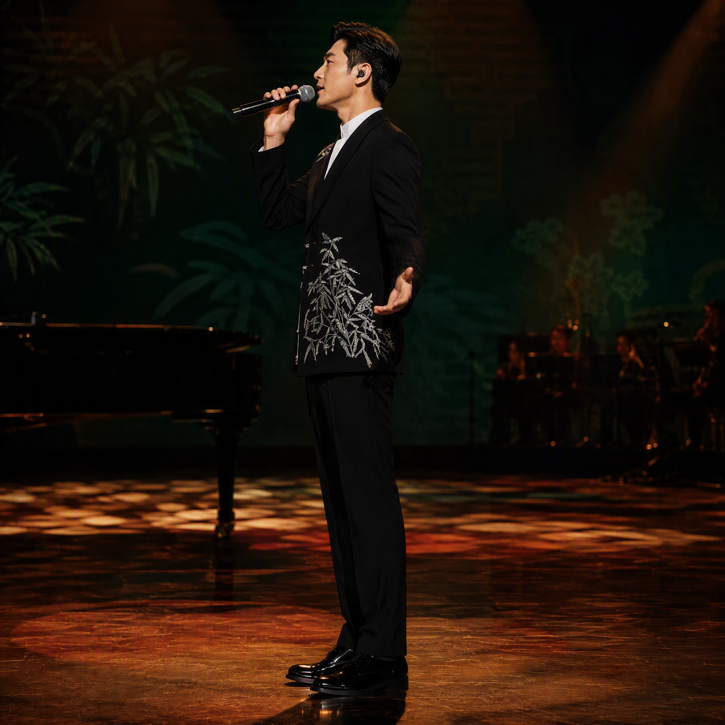 Traditional Chinese Style Black Suit with Silver Bamboo Embroidery