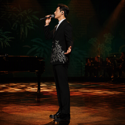 Traditional Chinese Style Black Suit with Silver Bamboo Embroidery