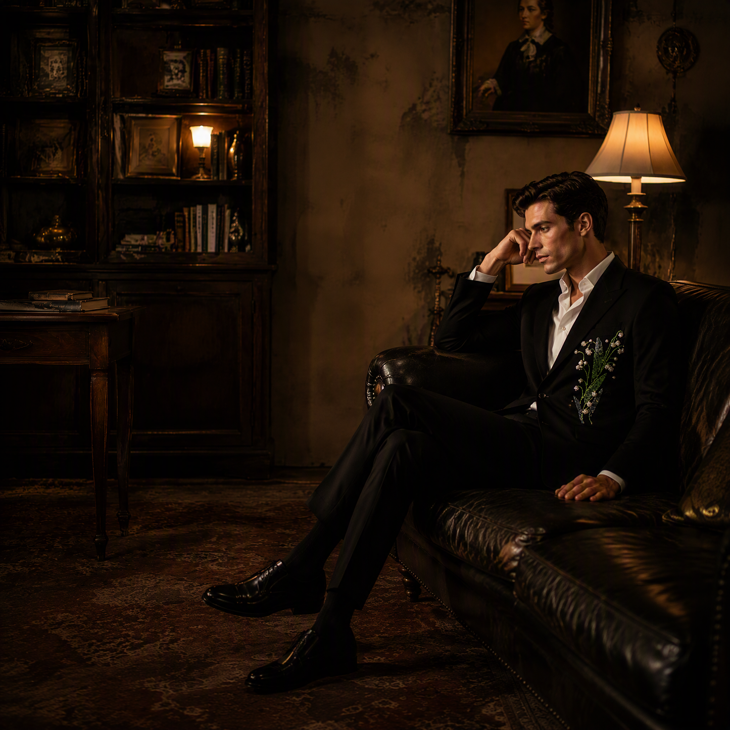 Black Suit Jacket with Exquisite Hand-Beaded Lily of the Valley Embroidery