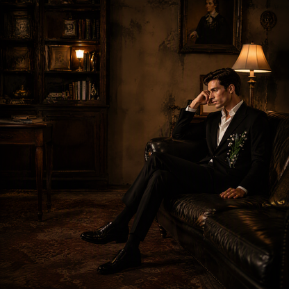 Black Suit Jacket with Exquisite Hand-Beaded Lily of the Valley Embroidery
