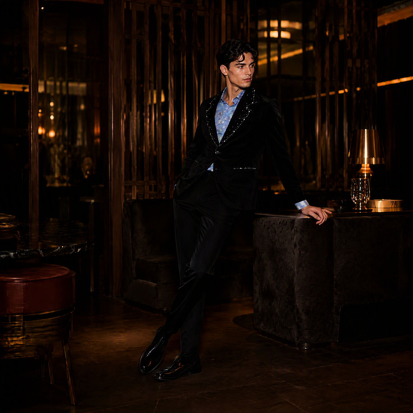 Black Notch Lapel Blazer with Radiant Crystal Beadwork and Paisley Lining