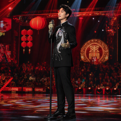 Black Mandarin Collar Suit Jacket with Vibrant Koi Fish Embroidery and Crystal Embellishments