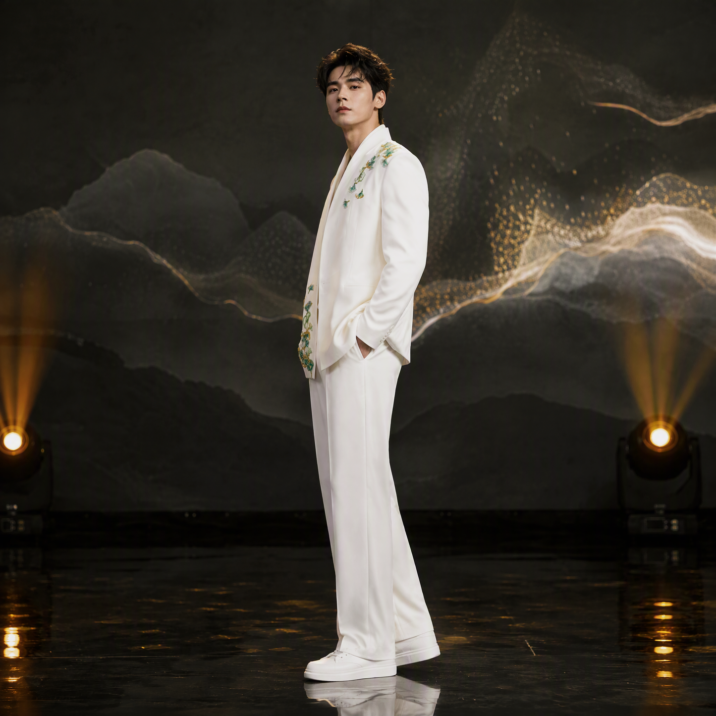 Elegant White Suit with Green and Yellow Gingko Leaf Beaded Embroidery