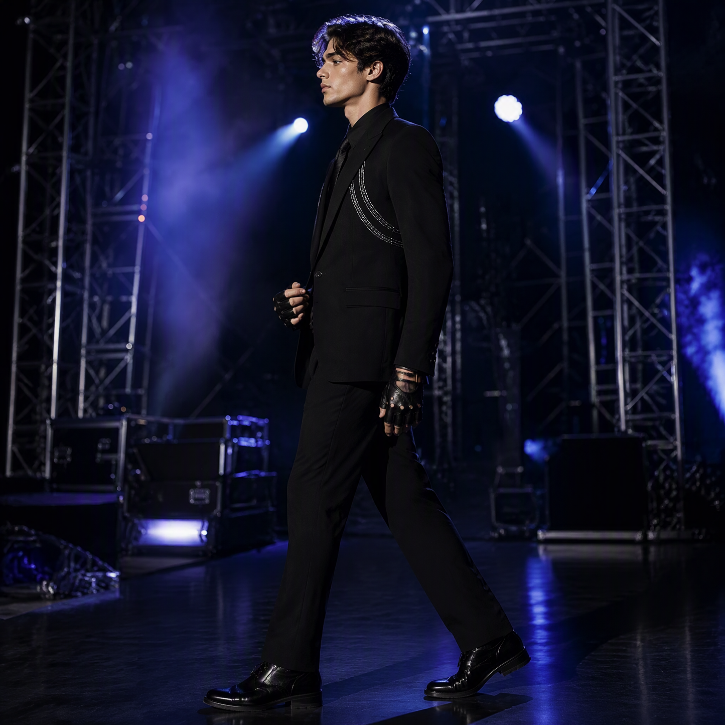 Avant-Garde Black Suit Jacket with Futuristic Silver Beaded Harness Lines