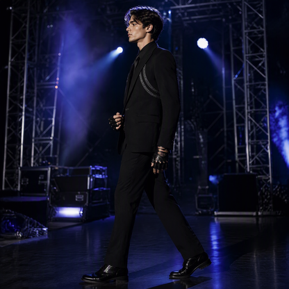 Avant-Garde Black Suit Jacket with Futuristic Silver Beaded Harness Lines