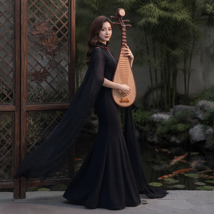 Phoenix Embroidered Cape Black Stage Gown