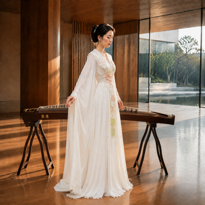 White V-Neck Floral Embroidered Long Evening Gown with Flowing Cape Sleeves