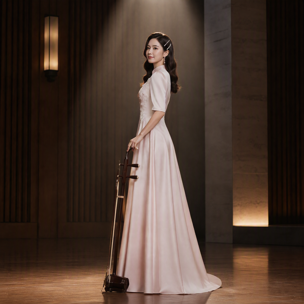 Lace Applique Mandarin Collar Pink Stage Gown