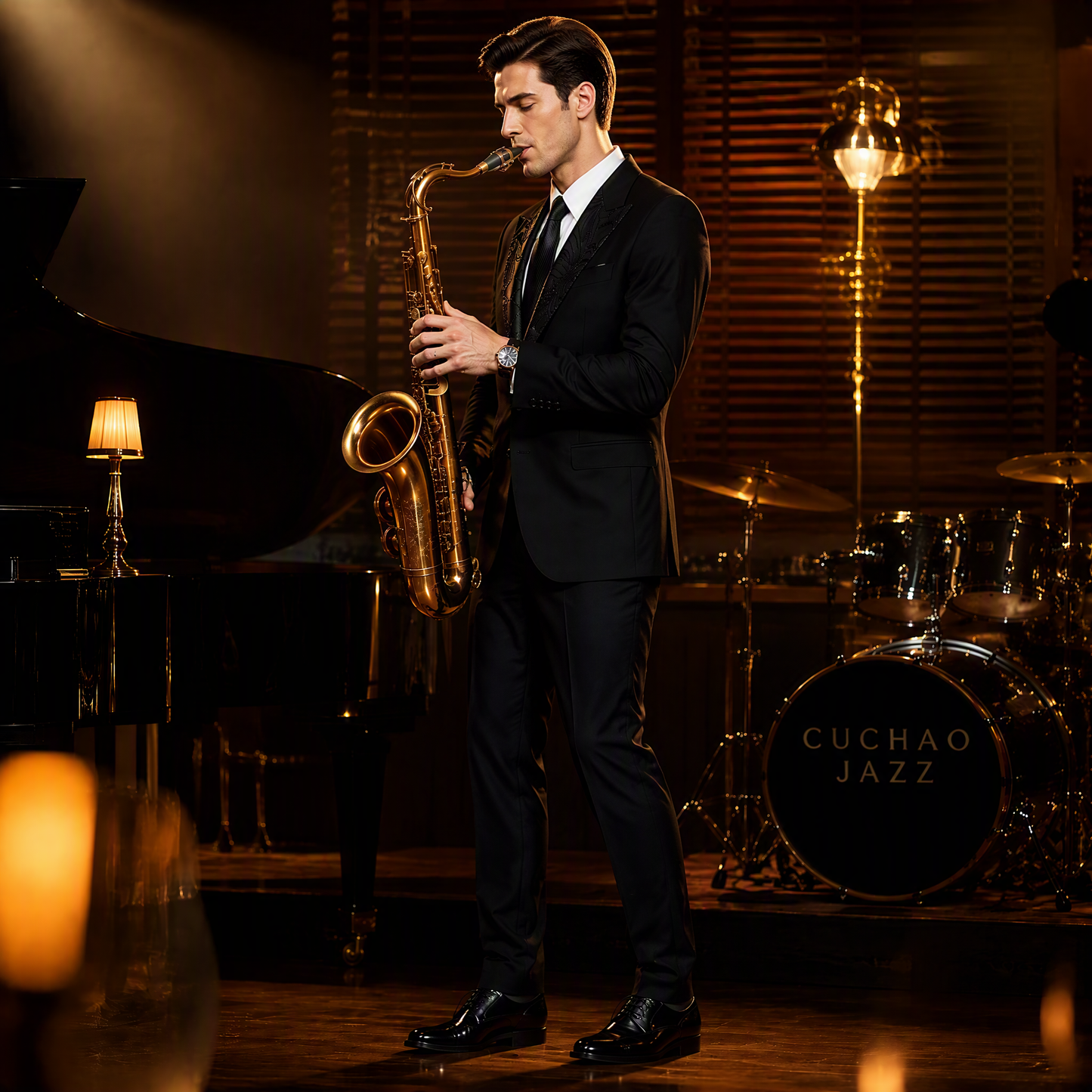 Black Tuxedo Blazer with Intricate Wave-Patterned Lapel