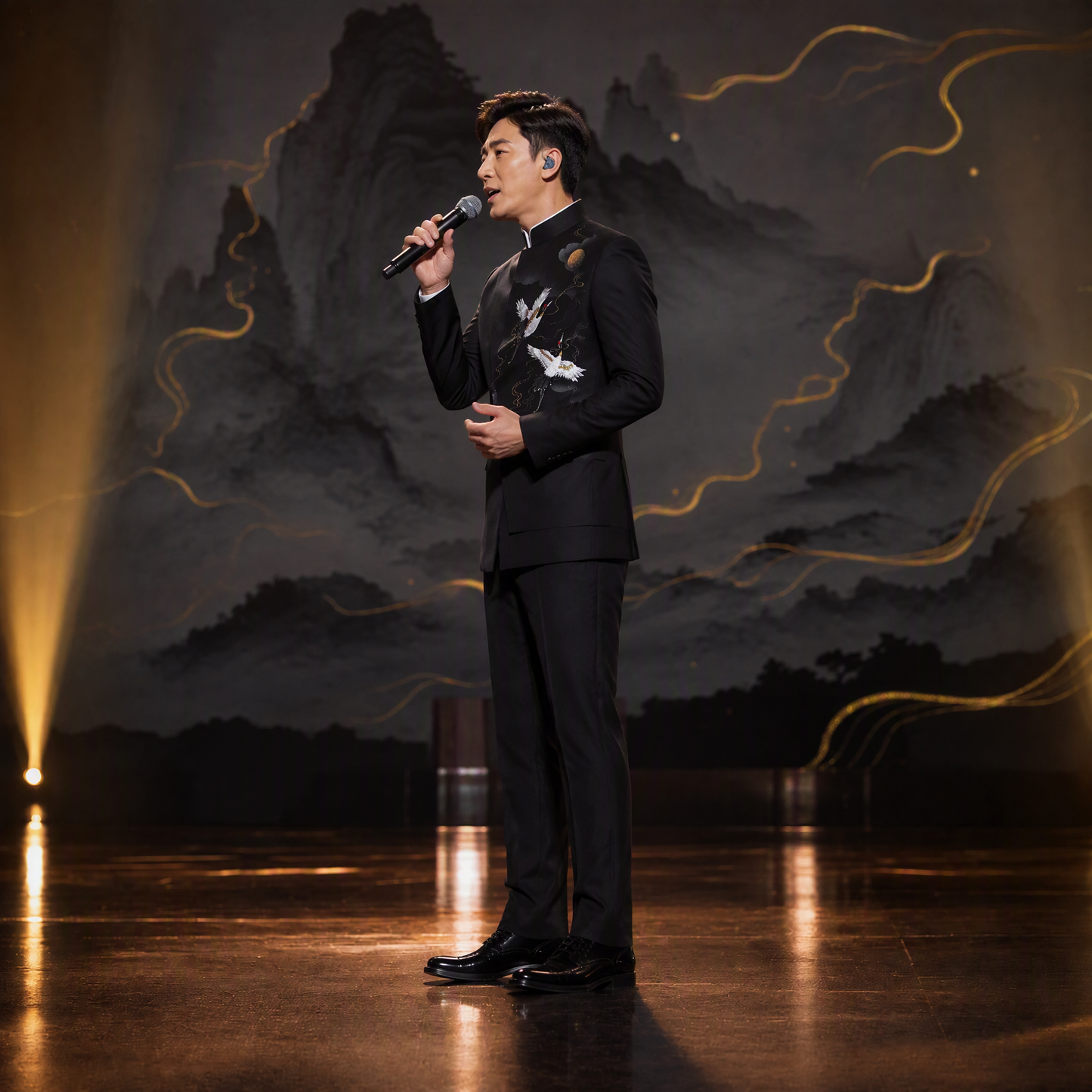 Black Mandarin Collar Suit Jacket with Hand-Embroidered Crane and Moon Motif