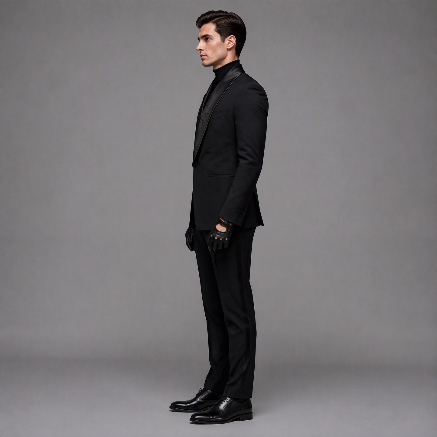 Minimalist Black Tuxedo Blazer with Subtle Satin Shawl Lapel and Elegant Floral Embroidery