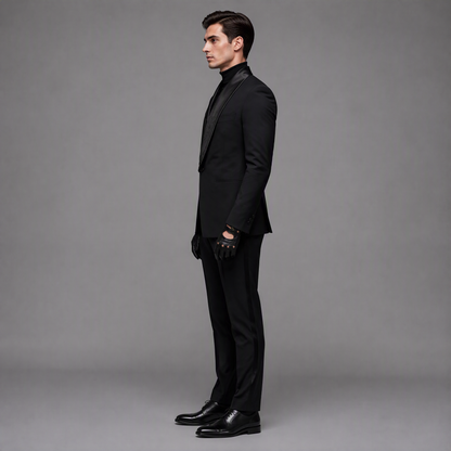 Minimalist Black Tuxedo Blazer with Subtle Satin Shawl Lapel and Elegant Floral Embroidery