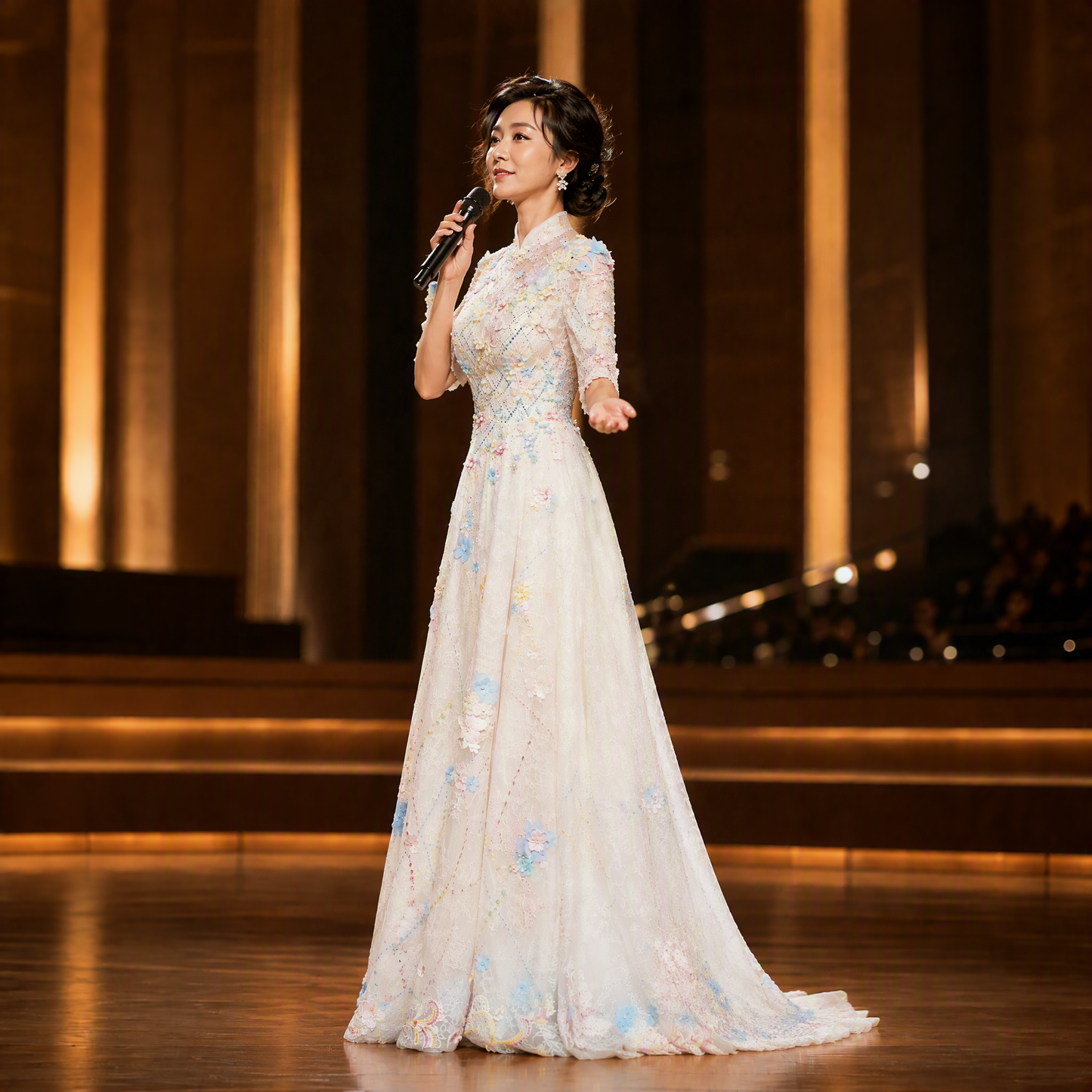 Enchanting Ivory Floral Appliqué A-Line Gown with Mandarin Collar