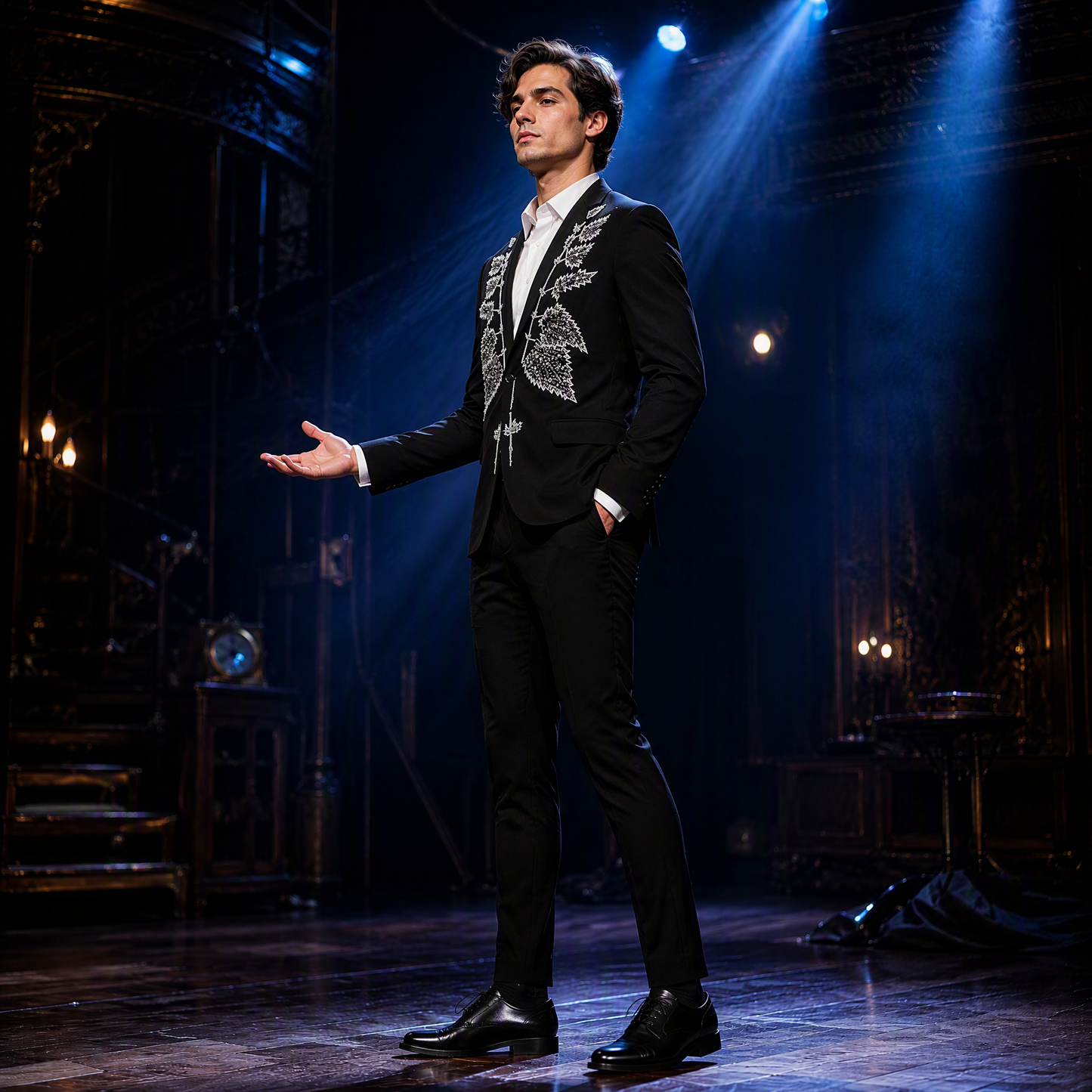 Dazzling Black Suit Jacket with Symmetrical Silver Crystal Foliage Embroidery