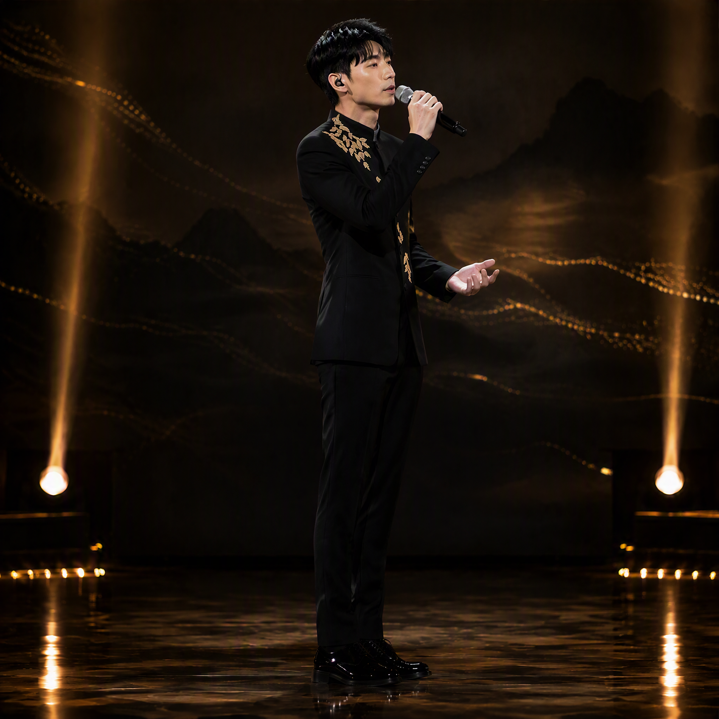 Black Mandarin Collar Suit Jacket with Intricate Gold Sequin Leaf Appliques