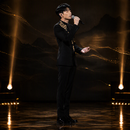 Black Mandarin Collar Suit Jacket with Intricate Gold Sequin Leaf Appliques