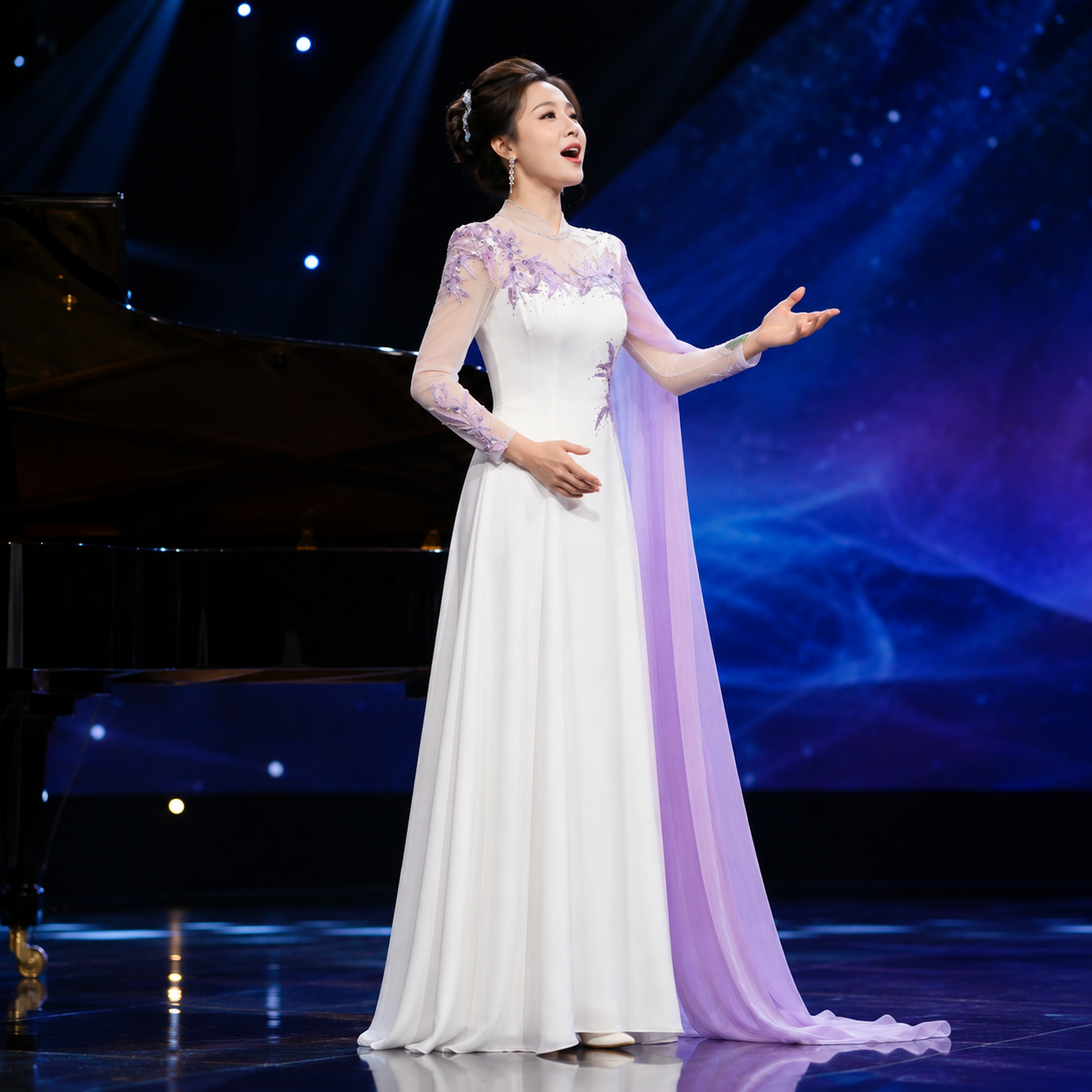 White and Purple Mandarin Collar Embroidered Long Evening Gown with Cape Sleeves