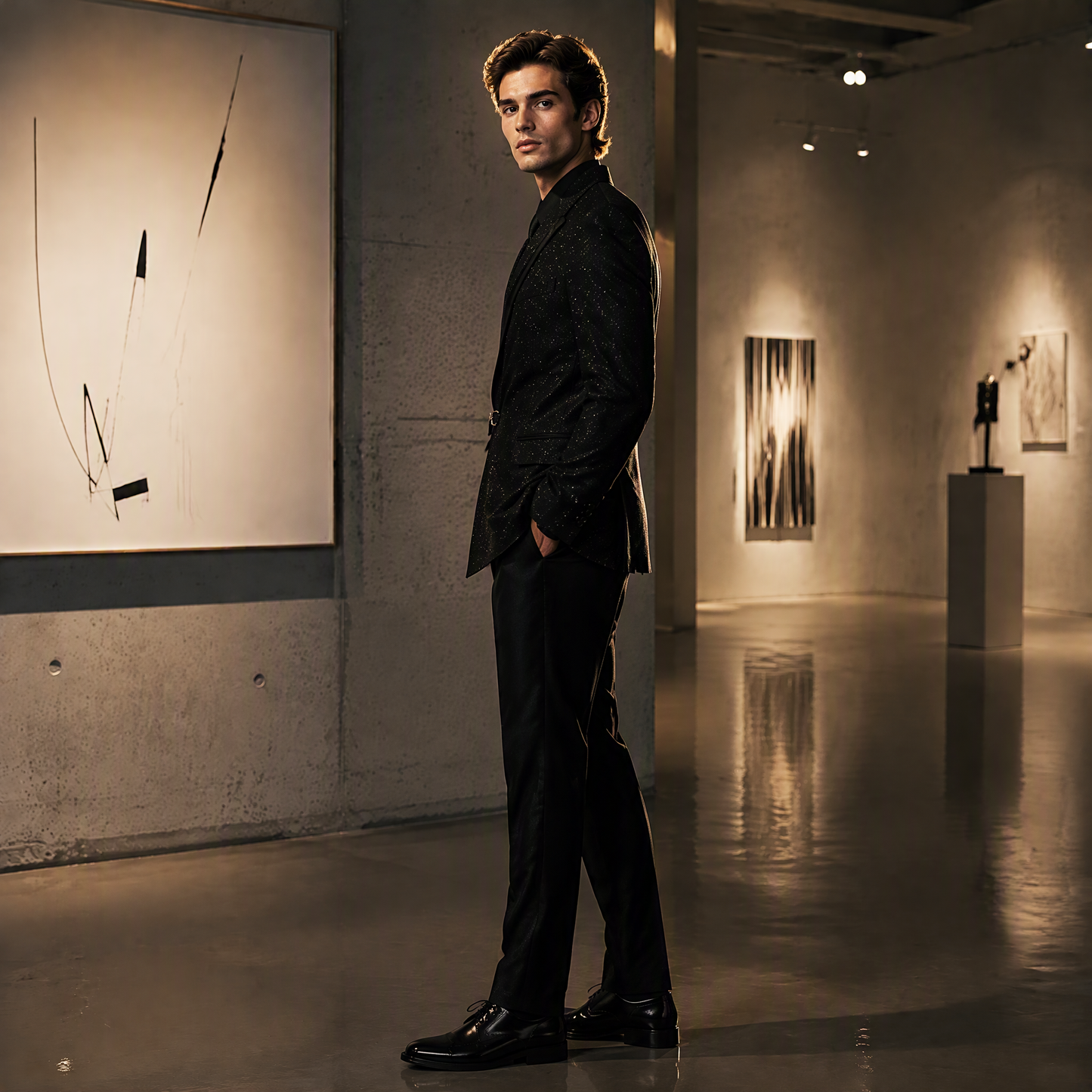 Avant-Garde Asymmetric Black Tuxedo Jacket with Subtle Shimmer and Metal Buckle Accent