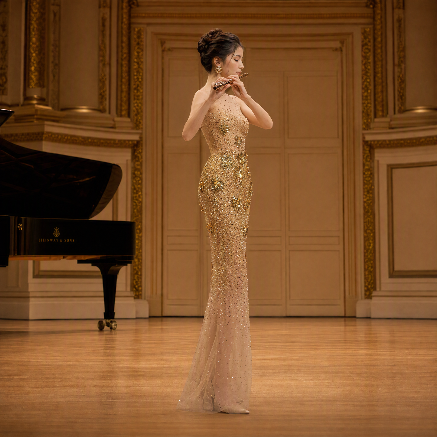Luxurious Gold Sequin Illusion Mermaid Long Evening Gown with 3D Floral Appliques