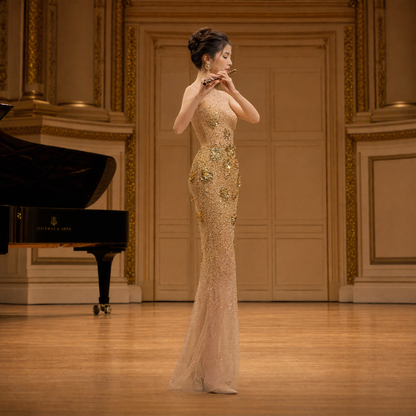 Luxurious Gold Sequin Illusion Mermaid Long Evening Gown with 3D Floral Appliques